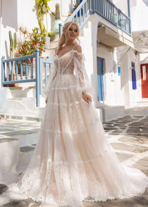 Long Sleeves Ivory Lace Tulle Sweet Wedding Dress